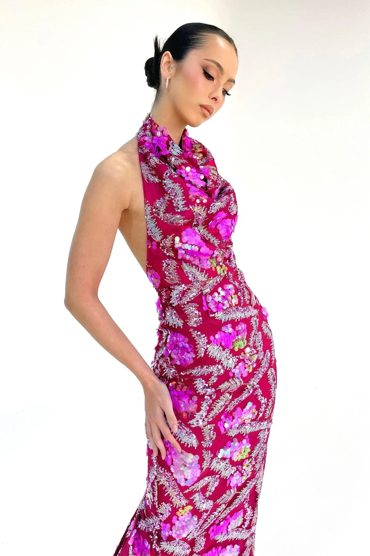 Rosered Women Sexy Halter Backless Sequins Embroidery Bodycon Long Dress Evening Party Fashion Birthday Outfit Rose Red