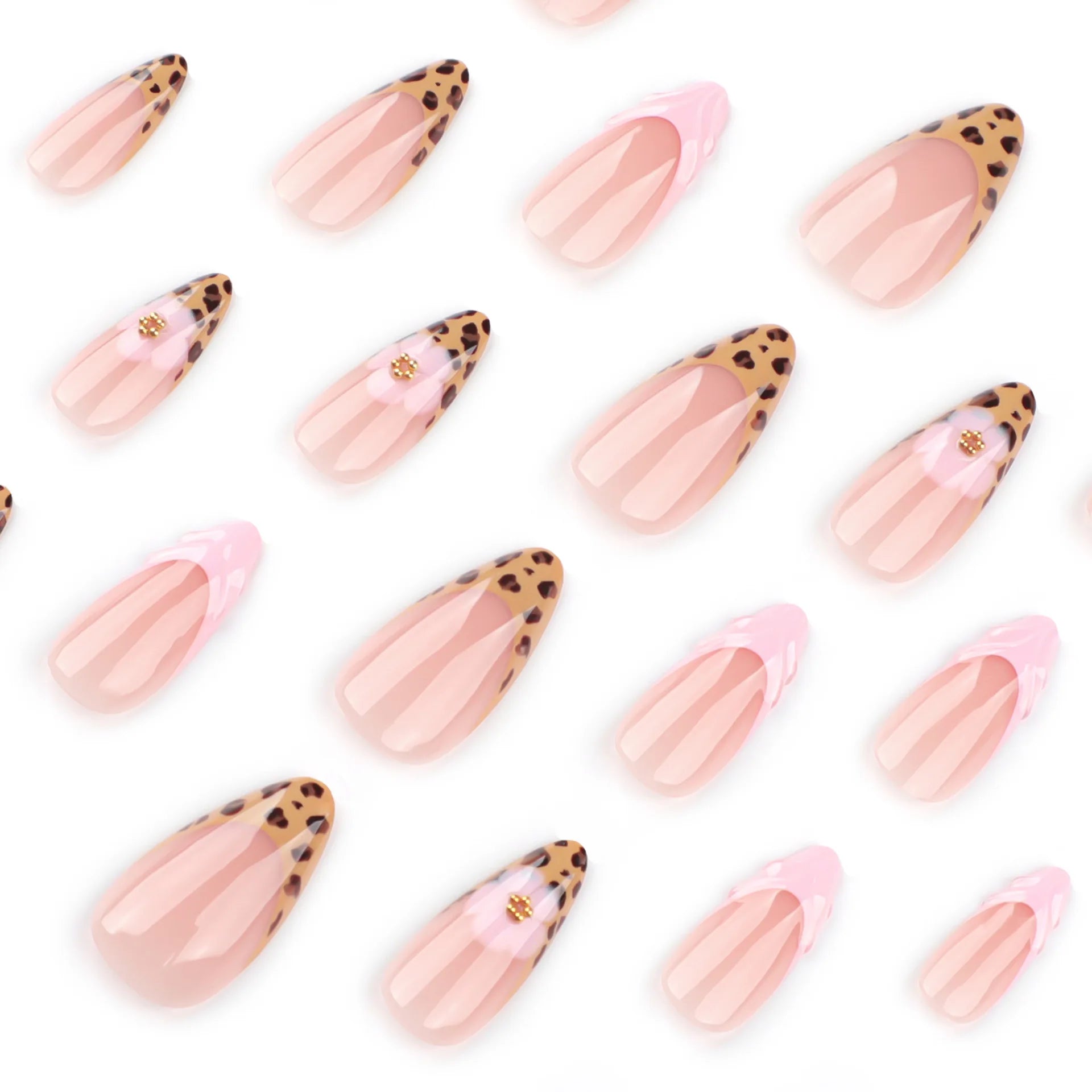 24pcs Leopard Print French False Nails Pink Flower Decor Press on Nails Wearable Reusable Sweet Cool Almond Fake Nail Tips