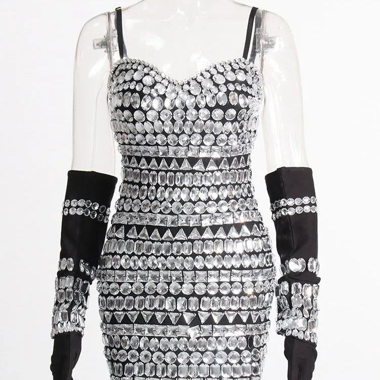 Detachable Gloves Dress Square Collar Sleeveless High Waist Slimming Patchwork Diamond Mini Dress Female Fashion