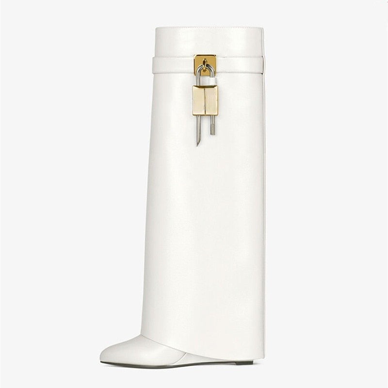 Women's Knee High Boots Shark Lock Long Thick Soled High-heeled Boots Designer Luxury Brand Women's Leather Boots