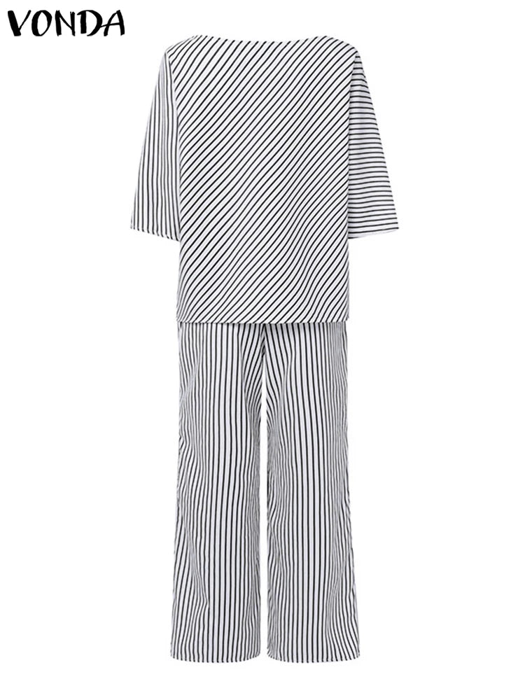 VONDA Plus Size Women Matching Sets 2025 Elegant Off Shoulder Pant Sets Printed Striped Trousers Suits Tops and Wide Leg Pants