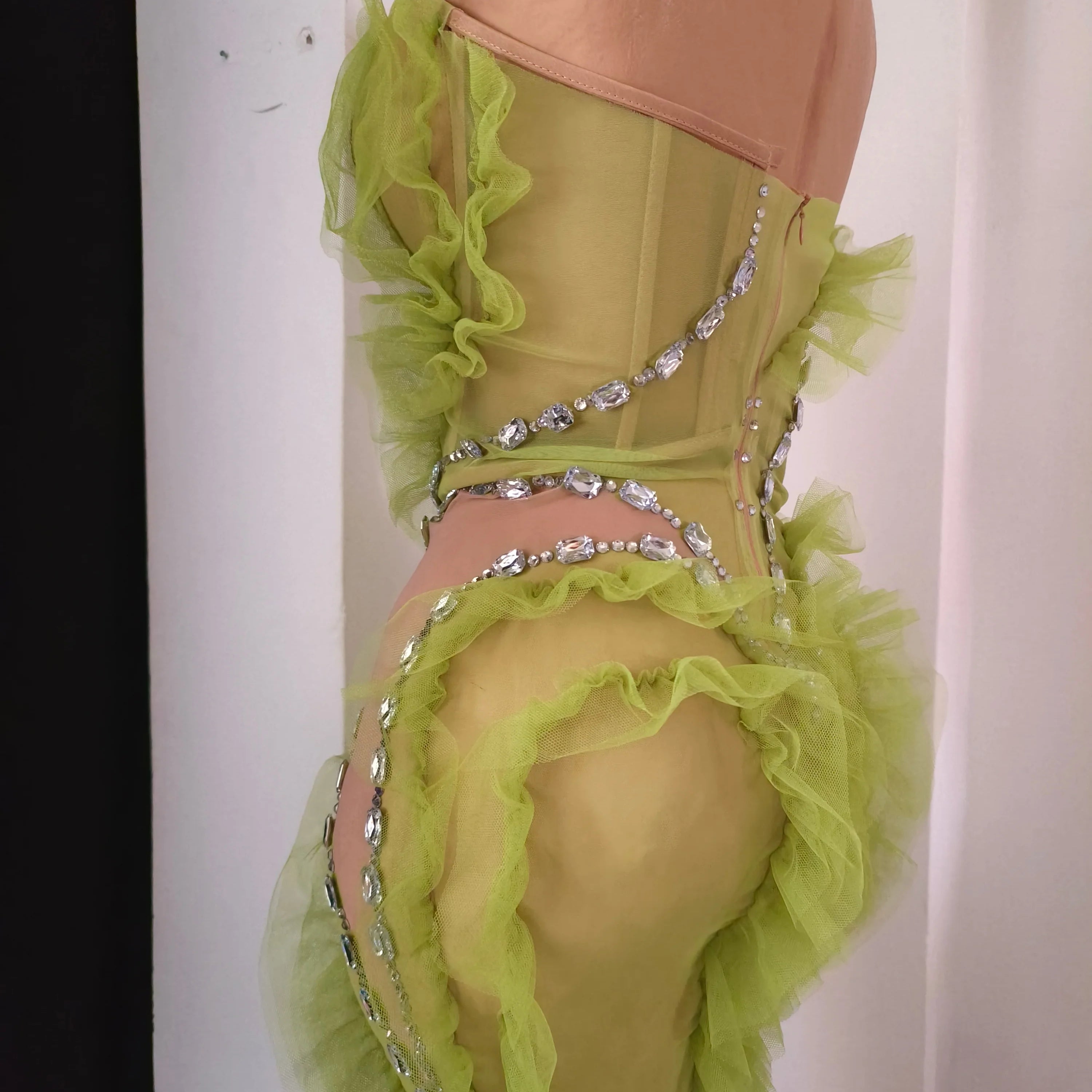 Sparkly Green Sheer Mesh Flowy Ruffle Crystal Rhinestone Dress Slim-fit Nightclub Party Stage Performance Clubwear Outfit