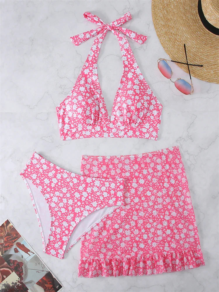 Bikini Women Swimsuit New Print Halter V Neck Bikinis Set Sexy High Waist Swimwear Summer 3 Piece Beach Bathing Suit Female Pink