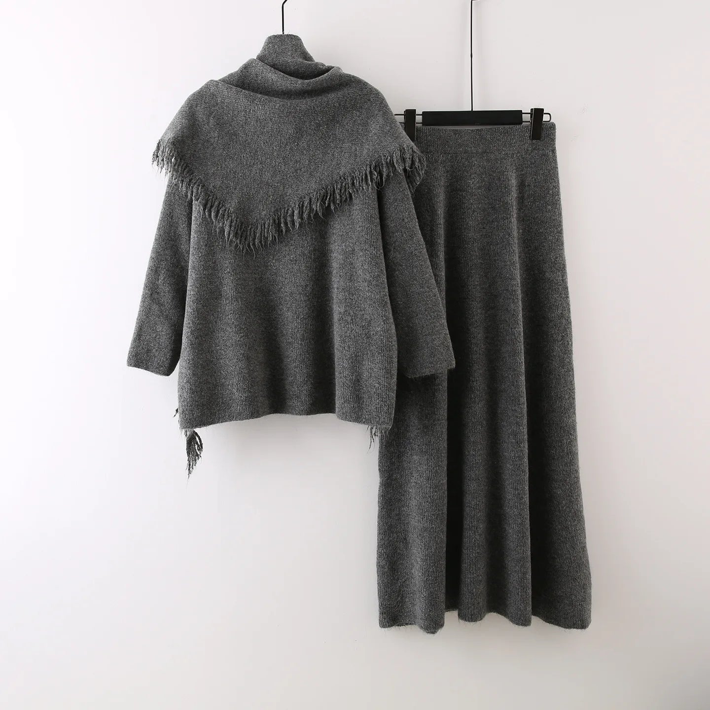 Autumn Winter New Fashion High-End Casual Knitted Set For Women Tassel Shawl Pullover Sweater Skirt Female 11A07539 Dark Gray One Size