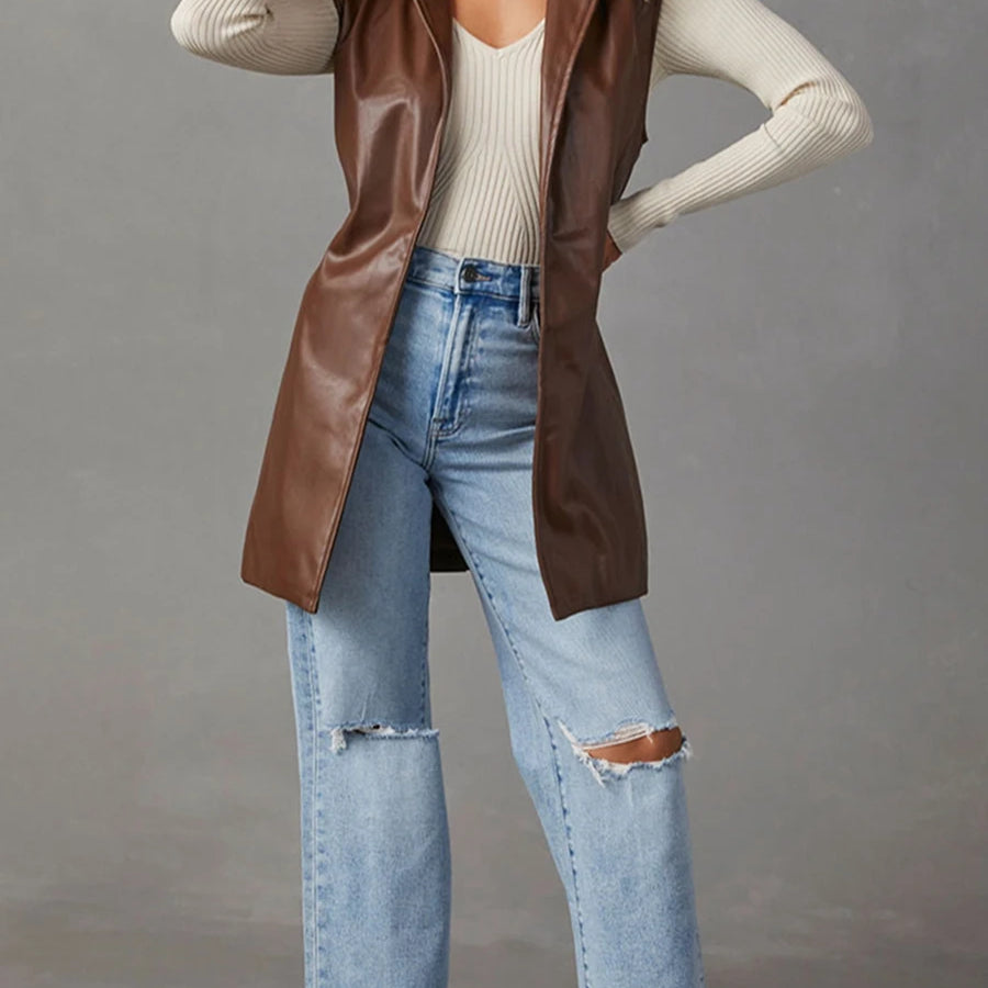 Women PU Leather Blazer Casual Sleeveless Lapel Collar Solid Color Jacket Autumn Outwear with Belt