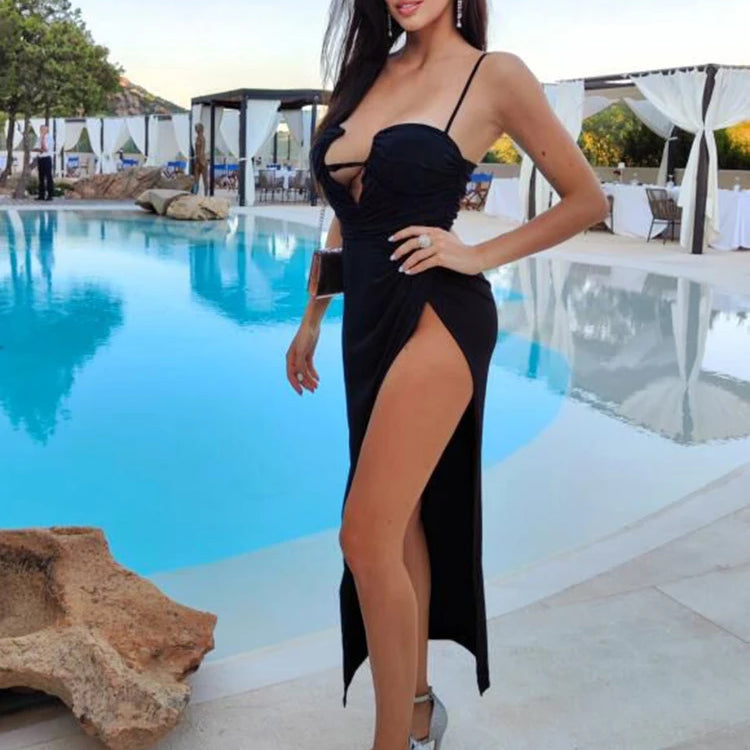 Black Long Dress Women Spaghetti Strap Sundress Sexy High Slit Draped Design Evening Party Dress Summer 2023