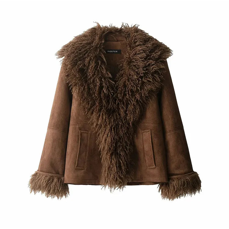 Women 2025 Autumn Winter New Solid Faux Fur Jackets Women Fashion Lapel Plush Coat Slim Elegant Patchwork Brown Short Coats