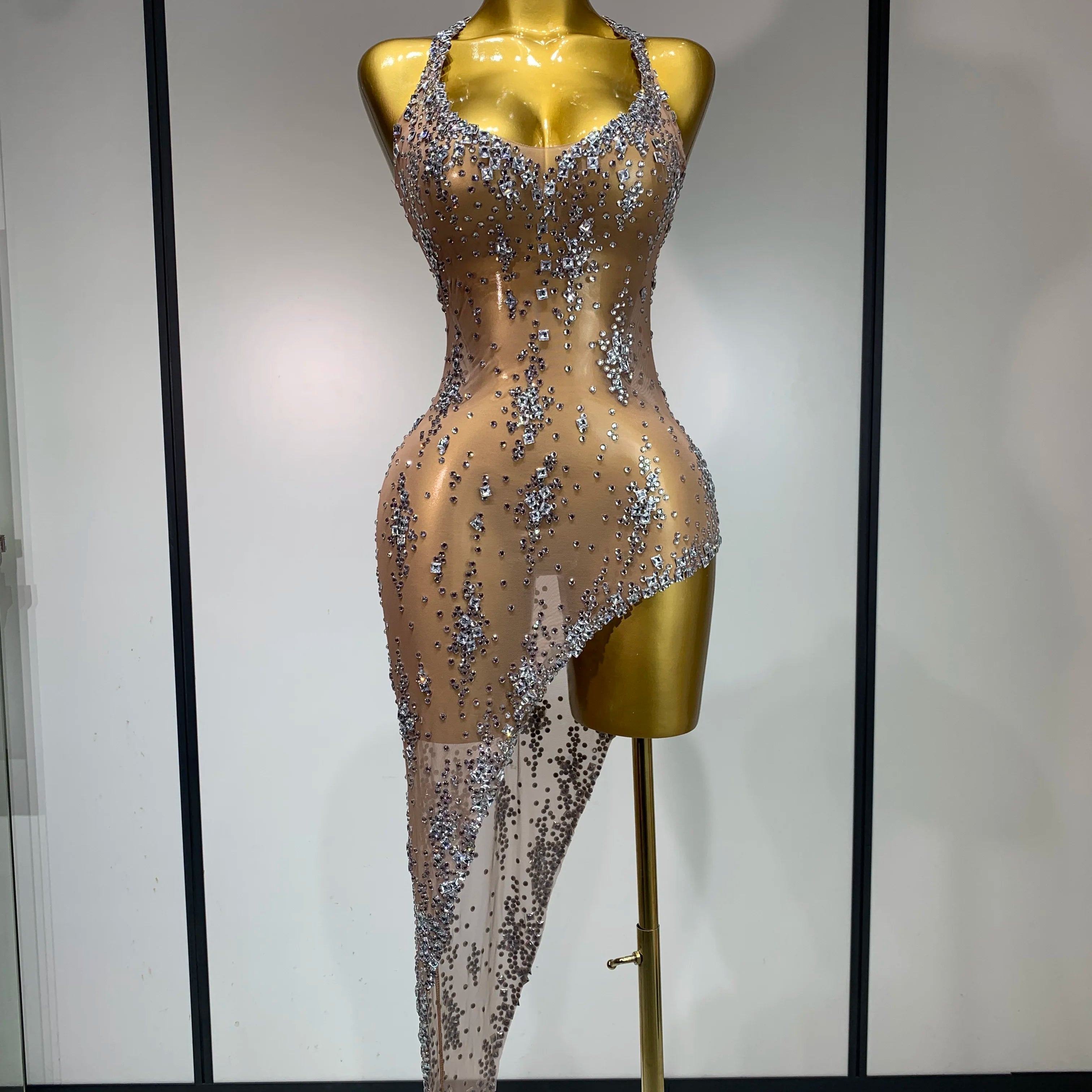 Women Sexy Luxury Birthday Prom Gowns Sparkly Diamond See Through Mesh Stretch Asymmetrical Dress Celebrity Elegant Stage Outfit Khaki