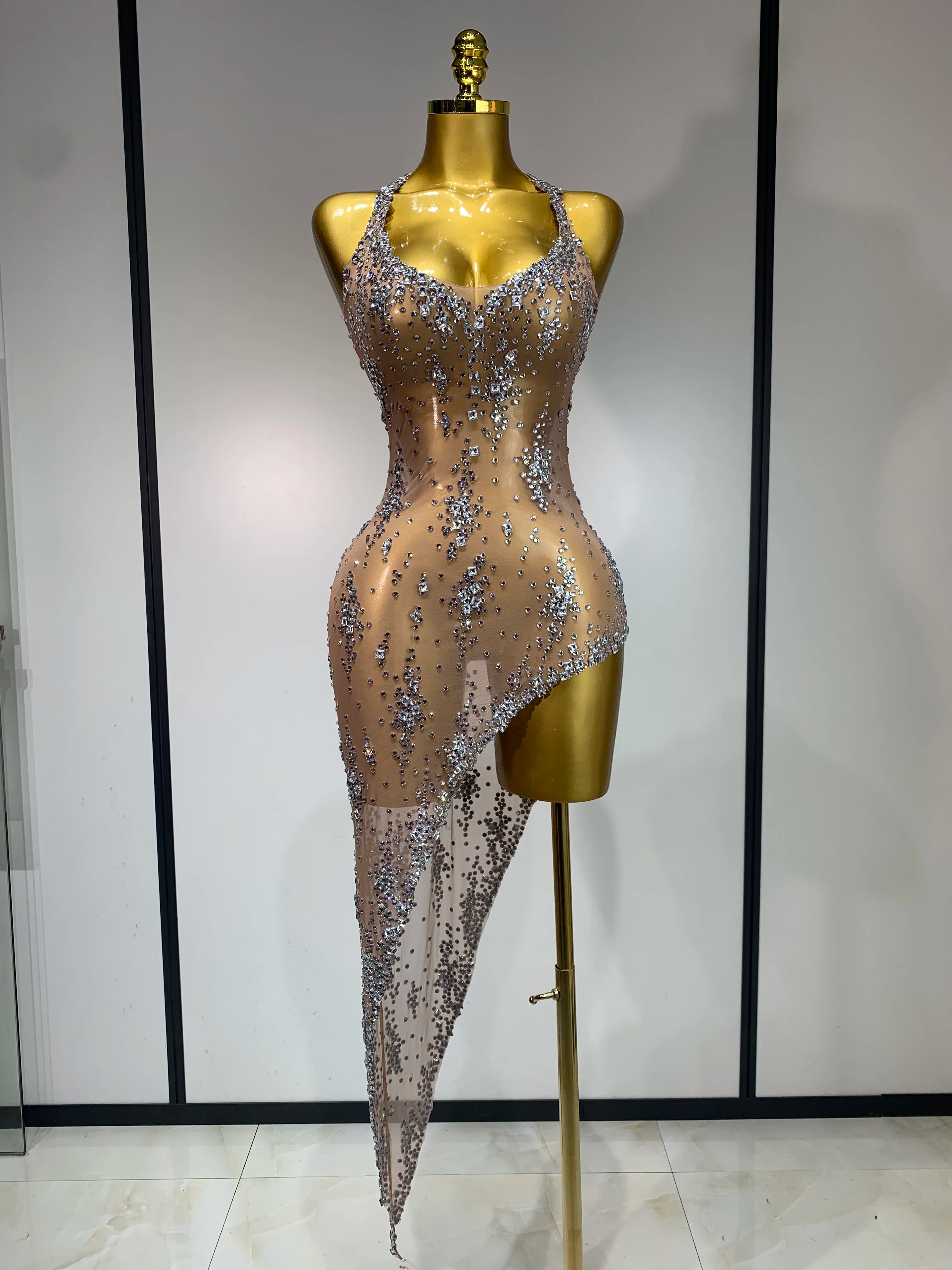 Women Sexy Luxury Birthday Prom Gowns Sparkly Diamond See Through Mesh Stretch Asymmetrical Dress Celebrity Elegant Stage Outfit Khaki