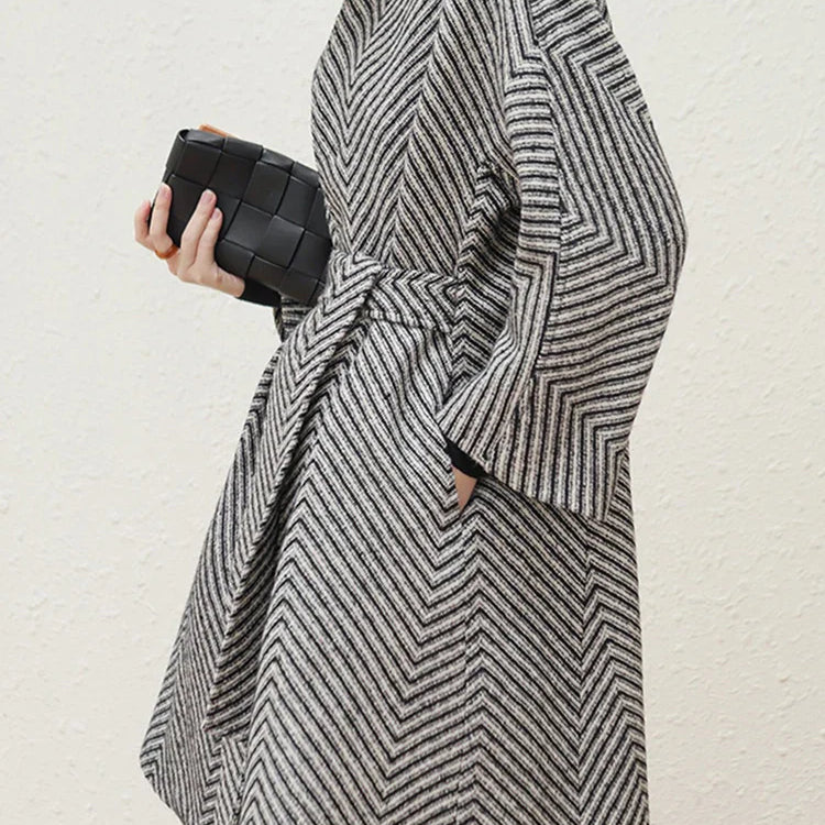 Autumn Winter Black and White Zigzag Woolen Coat Women Sashes A Line Loose Elegant Stylish Runway Korean Fashion 2022