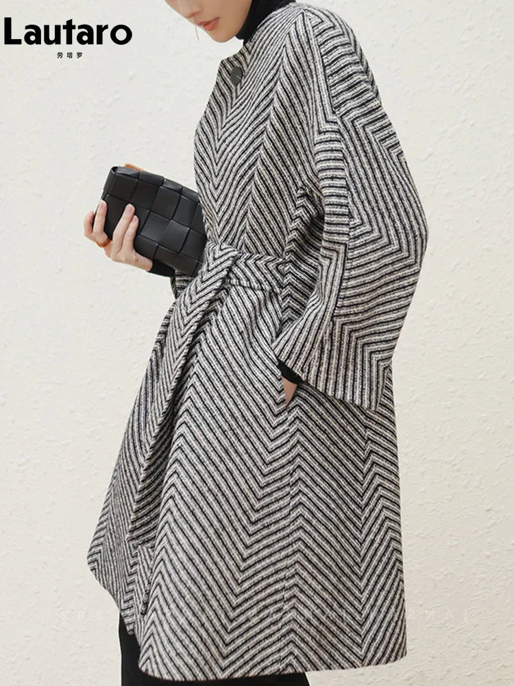 Autumn Winter Black and White Zigzag Woolen Coat Women Sashes A Line Loose Elegant Stylish Runway Korean Fashion 2022