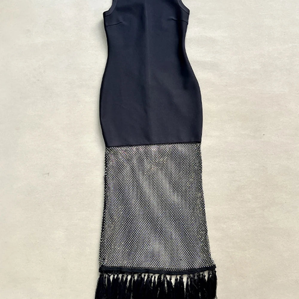 Black tassels Evening Party bandage Long Dresses Elegant Sleeveless Diamond Mesh Patchwork Maxi Dress Women 2025 Summer Vestidos