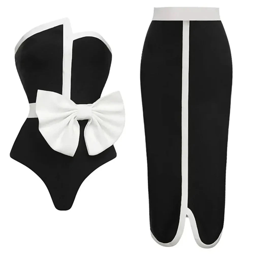 Black & White Spliced Swimsuit Women'S Elegant Tube Top Bow Belt Bikini Irregular Hip Beach Skirt Vintage Pool Swimwear