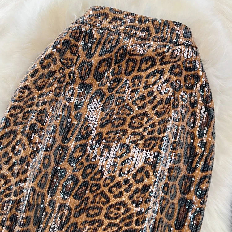 Women Chic Shinning Print Midi Skirt Zipper High Waist Leopard Zebra Wild Style Retro Long Skirts Mujer