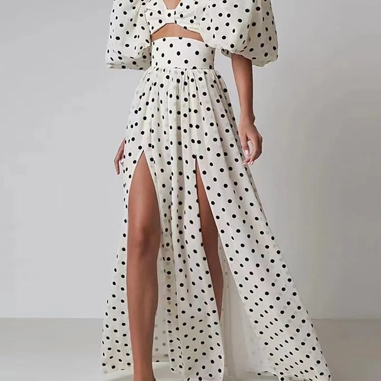 elegant Polka dot two piece sets square collar puff sleeve tops high waist split skirt chic set female fashion 2023