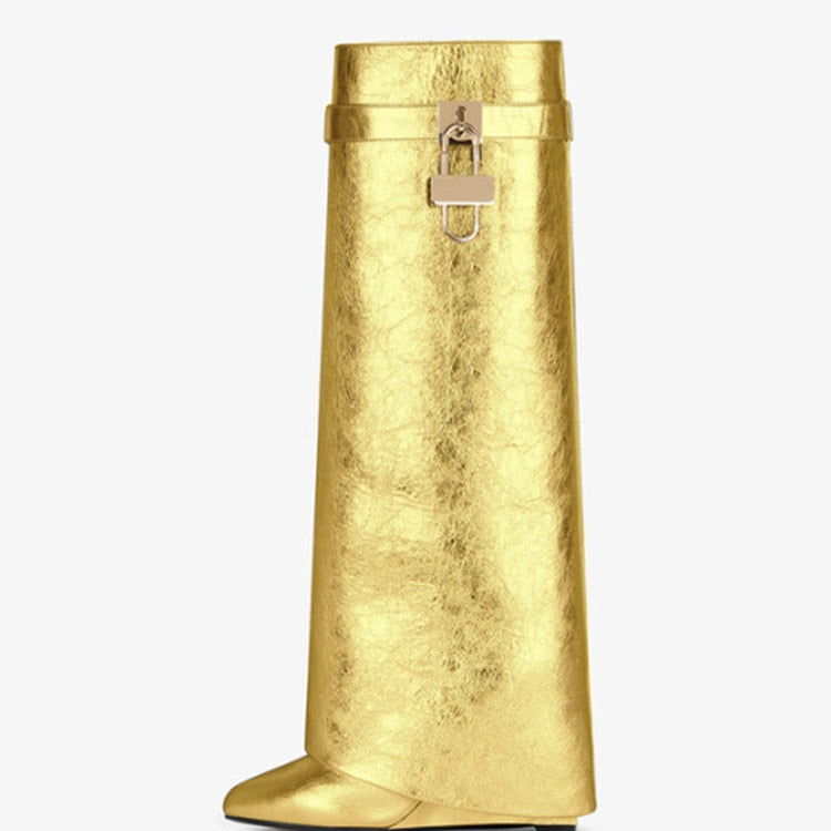 Women's Knee High Boots Shark Lock Long Thick Soled High-heeled Boots Designer Luxury Brand Women's Leather Boots