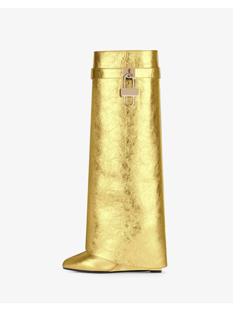 Women's Knee High Boots Shark Lock Long Thick Soled High-heeled Boots Designer Luxury Brand Women's Leather Boots