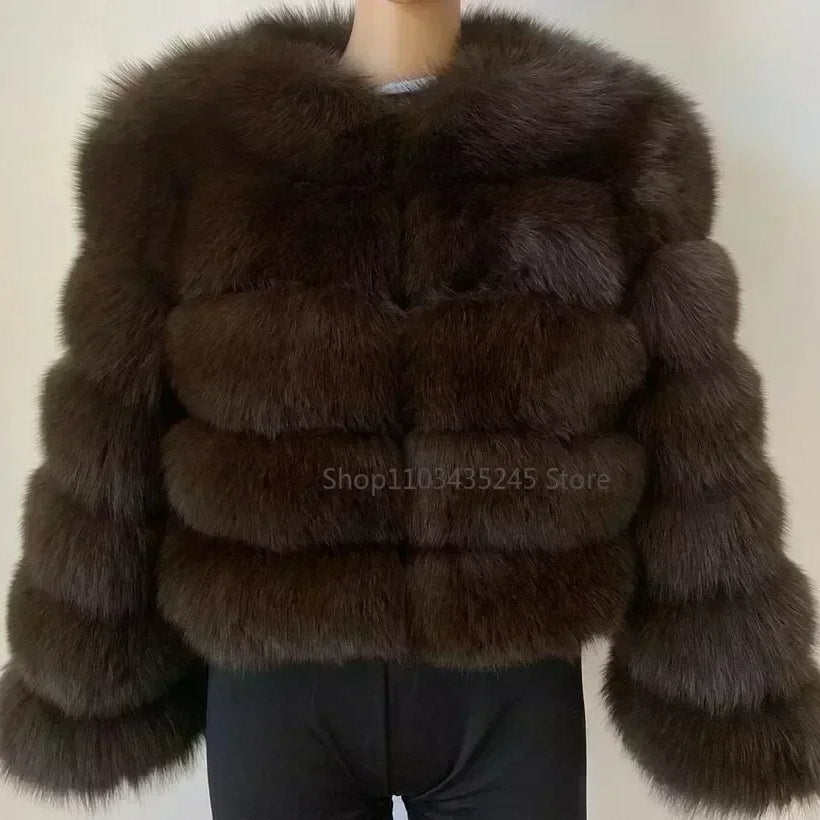 Women's Fashion Faux Fur Coat Super Hot Autumn Winter Women Short Faux Fox Fur Fluffy Jacket High Quality 5xl Ladies Furry Coats brown