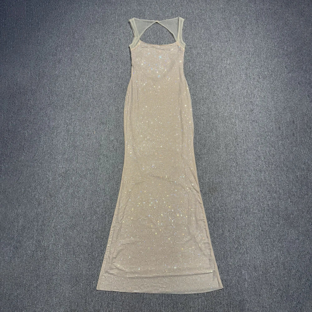 Multi Colours Shiny Rhinestones Mesh Patchwork Long Dress For Women Backless Slim Bodycon Evening Party Cocktail Gowns Beige