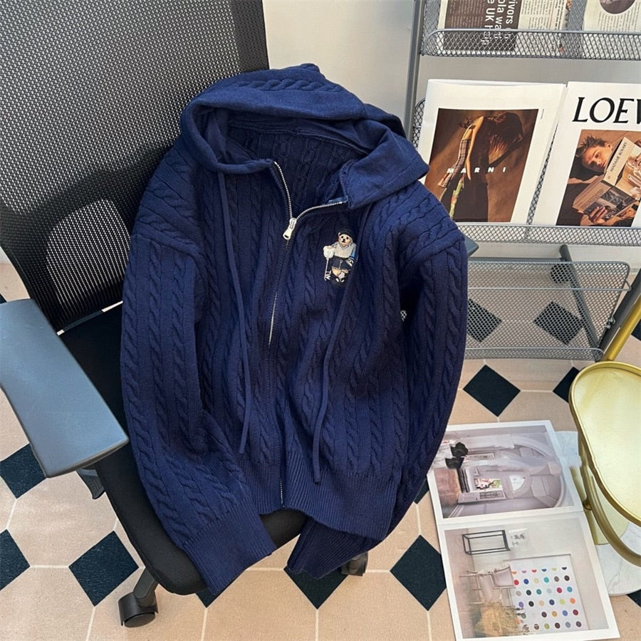 Vintage Hooded Loose Knitted Cardigan Long Sleeve Zipper Tops Retro Women Spring Fall Sweater Casual New Knitwears Gilet navy blue