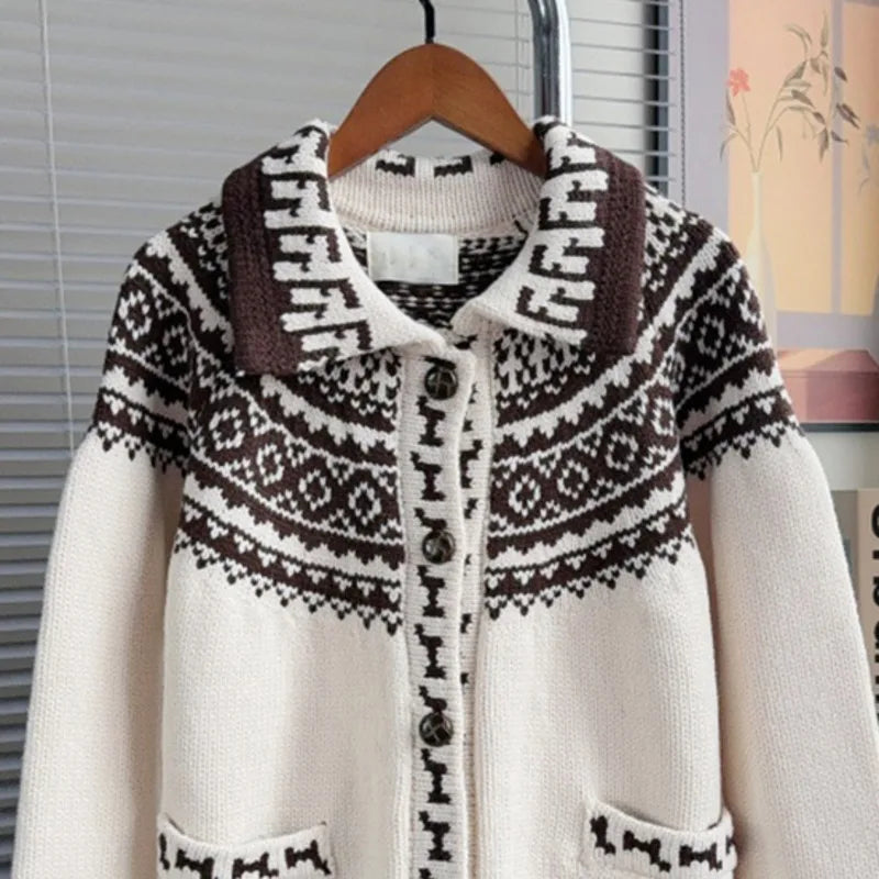 Autumn Winter New Fashion Contrast Color Jacquard Lapel Sweater Coat For Women New Loose Knitted Cardigan 11A07545