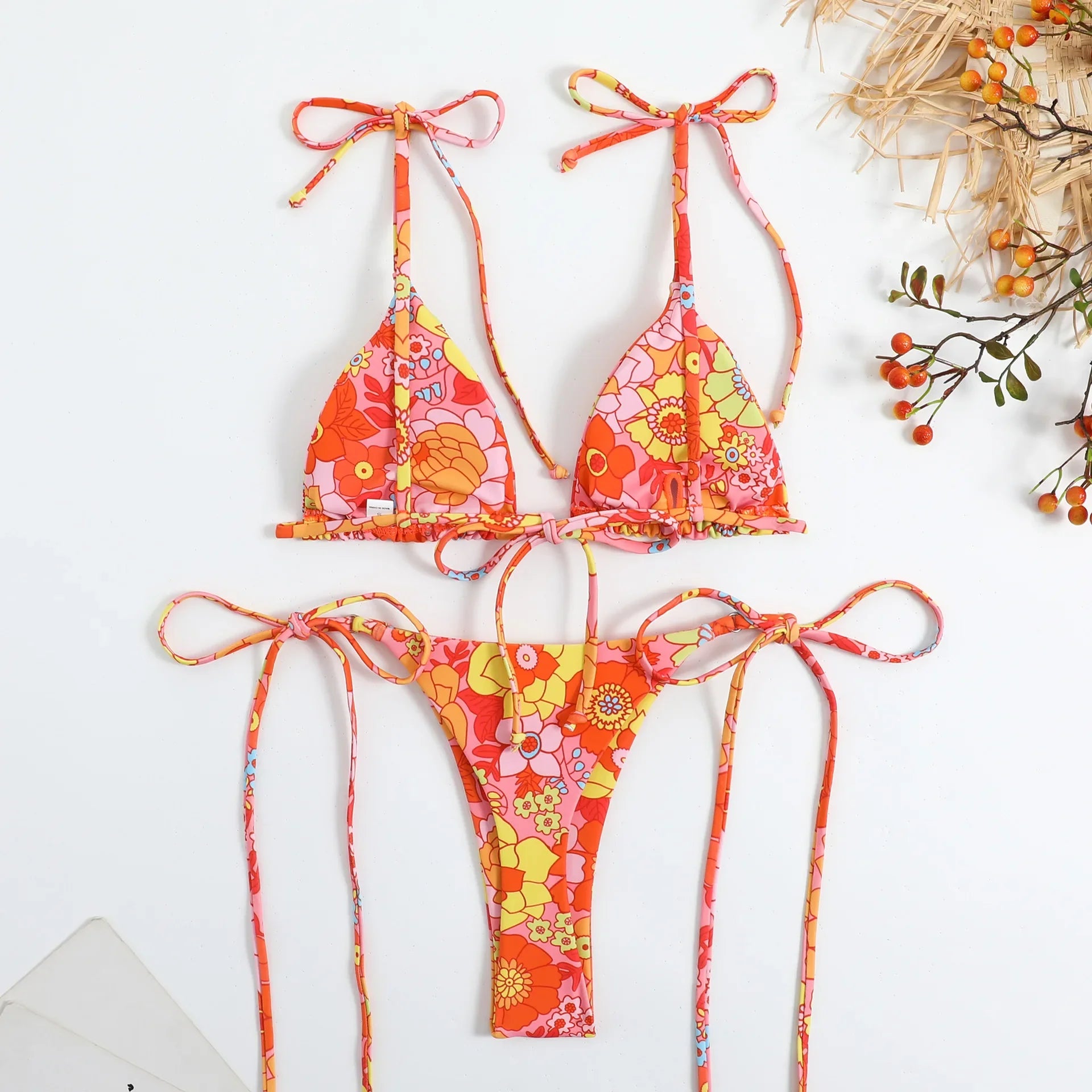 Sexy Flower Print Bikini 3 Women Swimsuit Female Swimwear Thong Bikinis Set Brazilian Halter Beach Wear Bathing Suit Orange