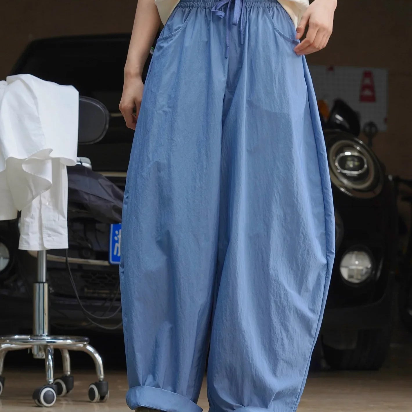 Summer women's casual solid color high waisted loose wide leg pants