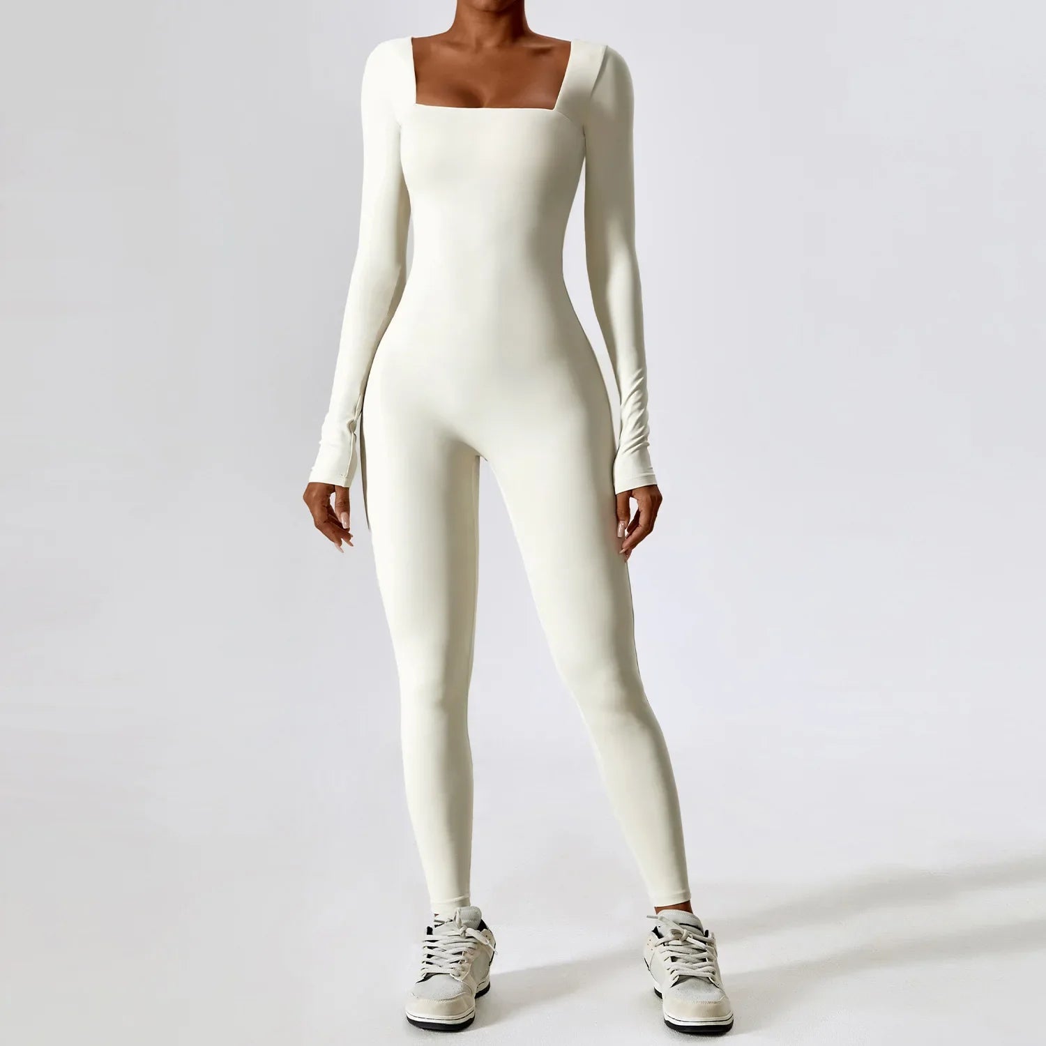 Women's Tracksuit Jumpsuit Sportswear Long Sleeved Yoga Suit Gym Push Ups Fitness Workout Bodysuit Quick Drying Yoga One Piece Cream apricot
