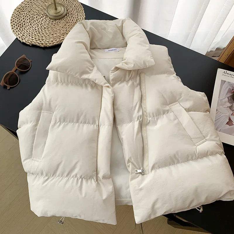 Women Fashion Autumn Stand Collar Elegant Down Coats Warm Outerwear Casual Belt Sleeveless Winter Women Vests Jackets WHITE