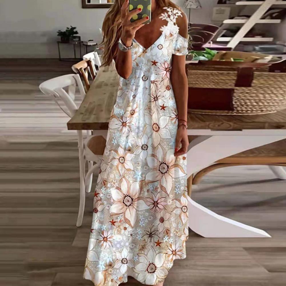 Women Floral Print Maxi Dress Boho Lace Sling Hollow Out A Line Long Dress Ladies Casual Loose V-Neck Beach Party dress Vestidos Style4
