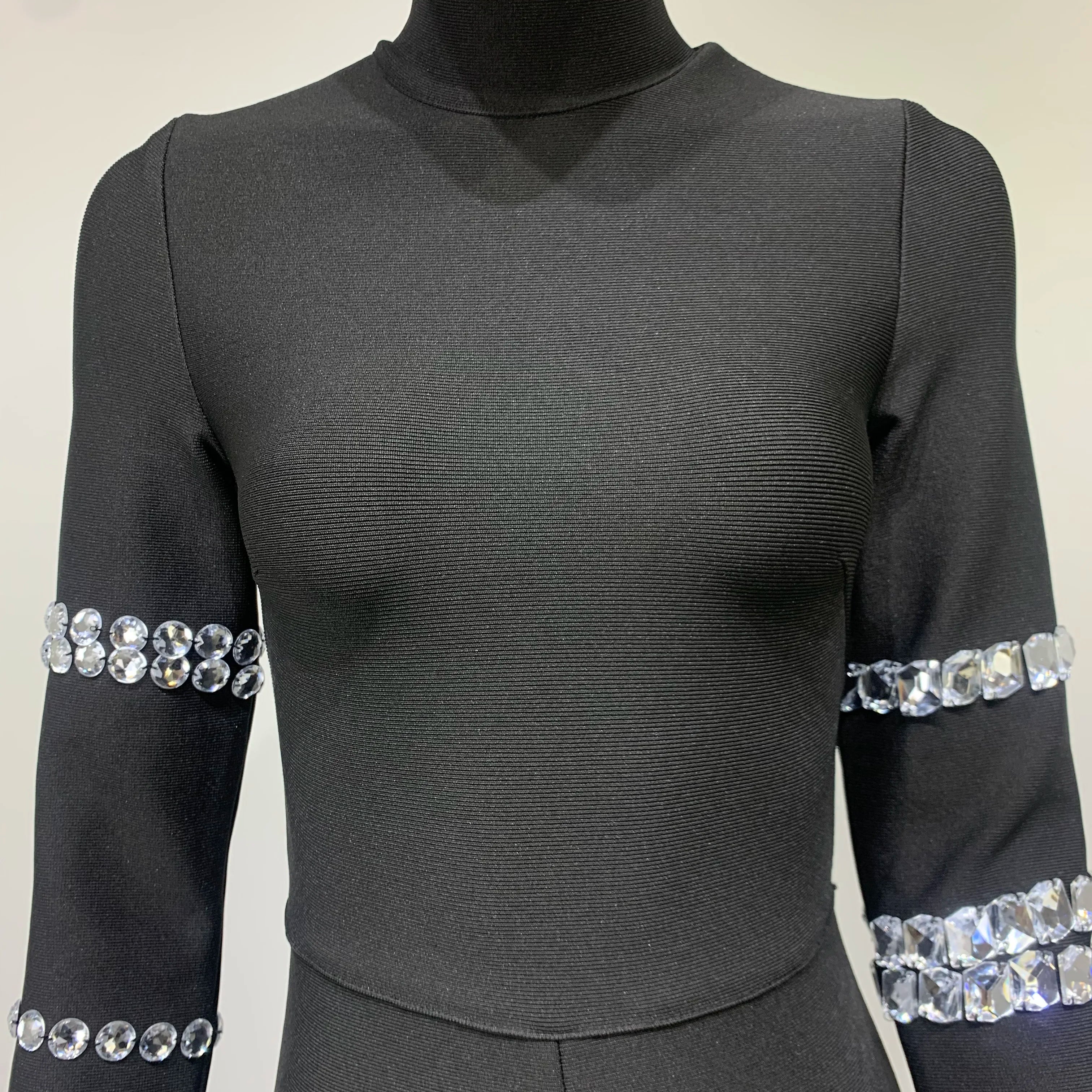 Chic Women Luxury Sexy Long Sleeve Turtleneck Beading Sparkly Black Bandage Jumpsuit 2023 Celebrity Designer High Street Rompers