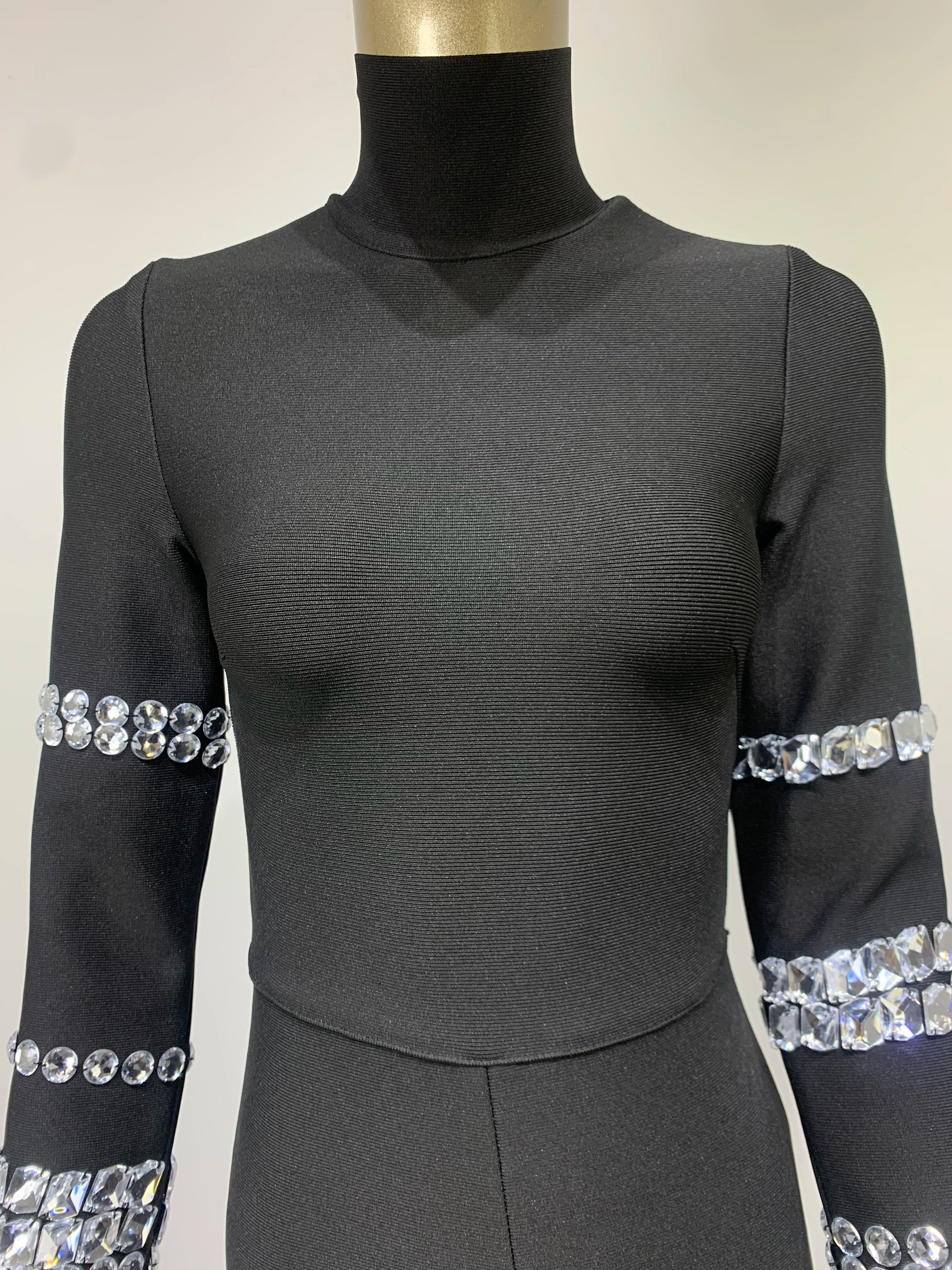 Chic Women Luxury Sexy Long Sleeve Turtleneck Beading Sparkly Black Bandage Jumpsuit 2023 Celebrity Designer High Street Rompers