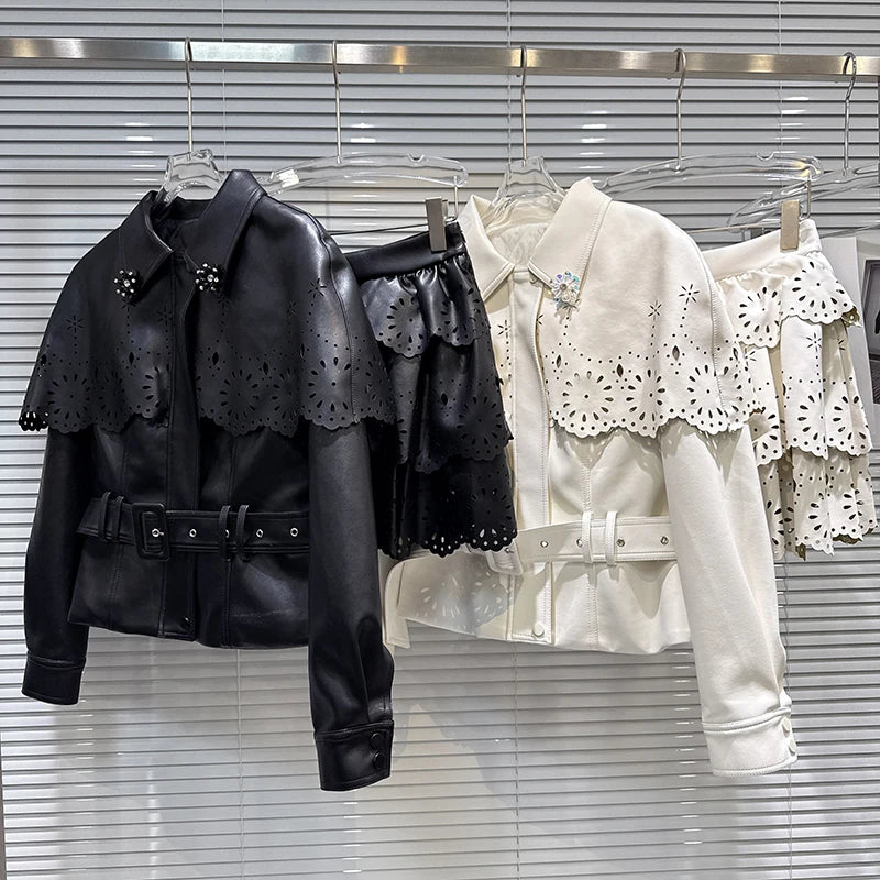 Winter New Fashion Women's Two-pieces Set For Women Hollow Out Shawl Quilted Leather Jacket Cake Skirt Female 11A07466