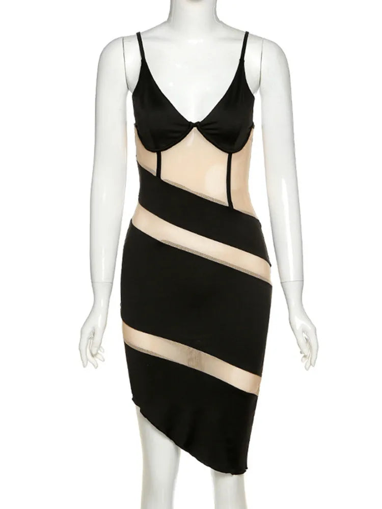 Patchwork See Through Sexy Mini Dress For Women Robe Spaghetti Strap Sleeveless Backless Bodycon Party Dress Vestido