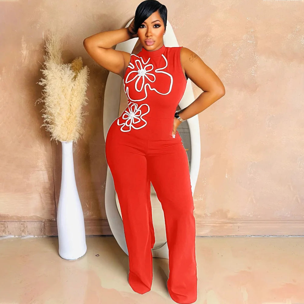 Fashion Women Sunflower Sleeveless Tank Jumpsuits 2025 Summer Street Birthday Sexy Party Outfits One Piece Suit Rompers Red