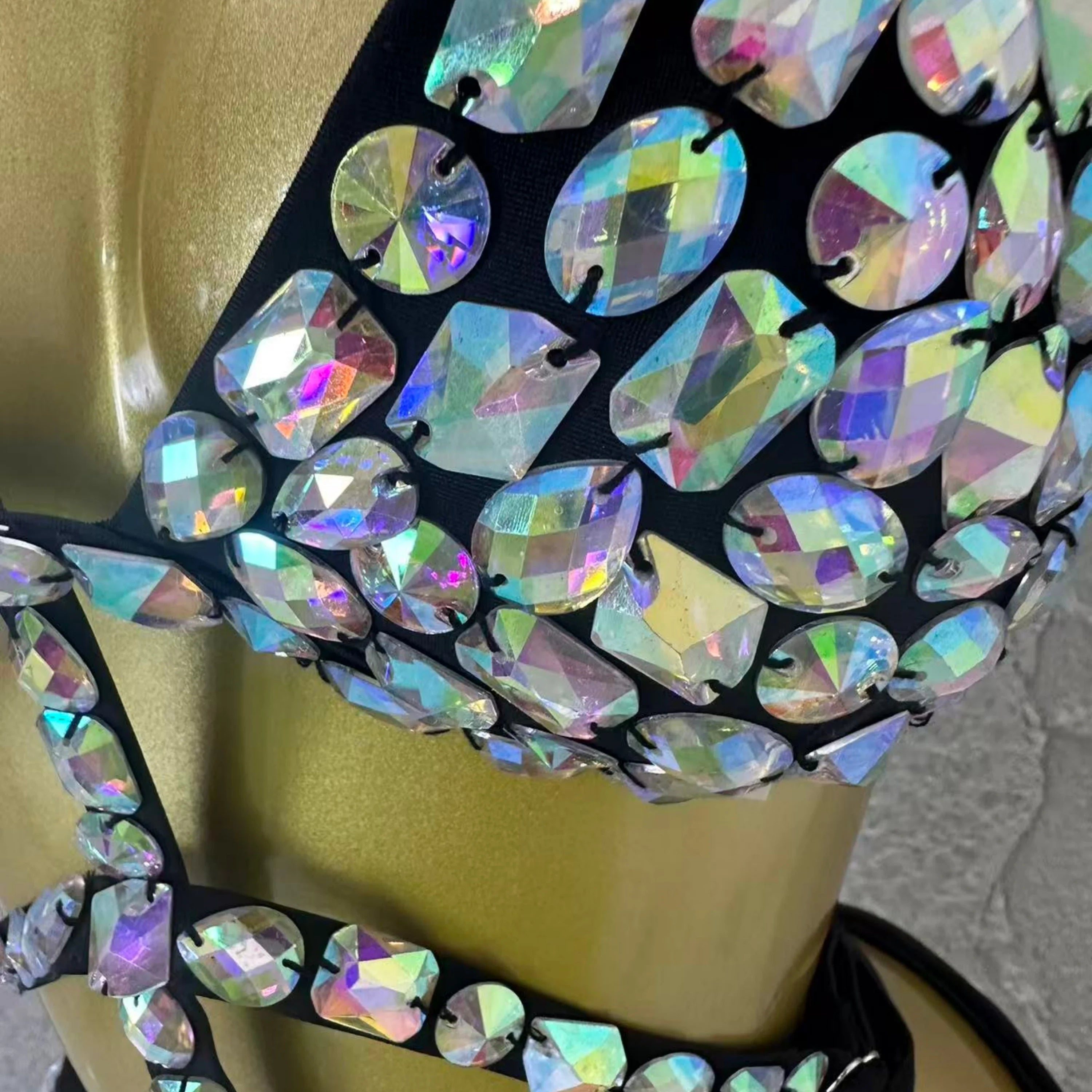 2026 Luxurious Black Bodysuit Women Sexy Halter Neck Iridescent Crystal Embellished Cutout Outfit Stage Performance Costume