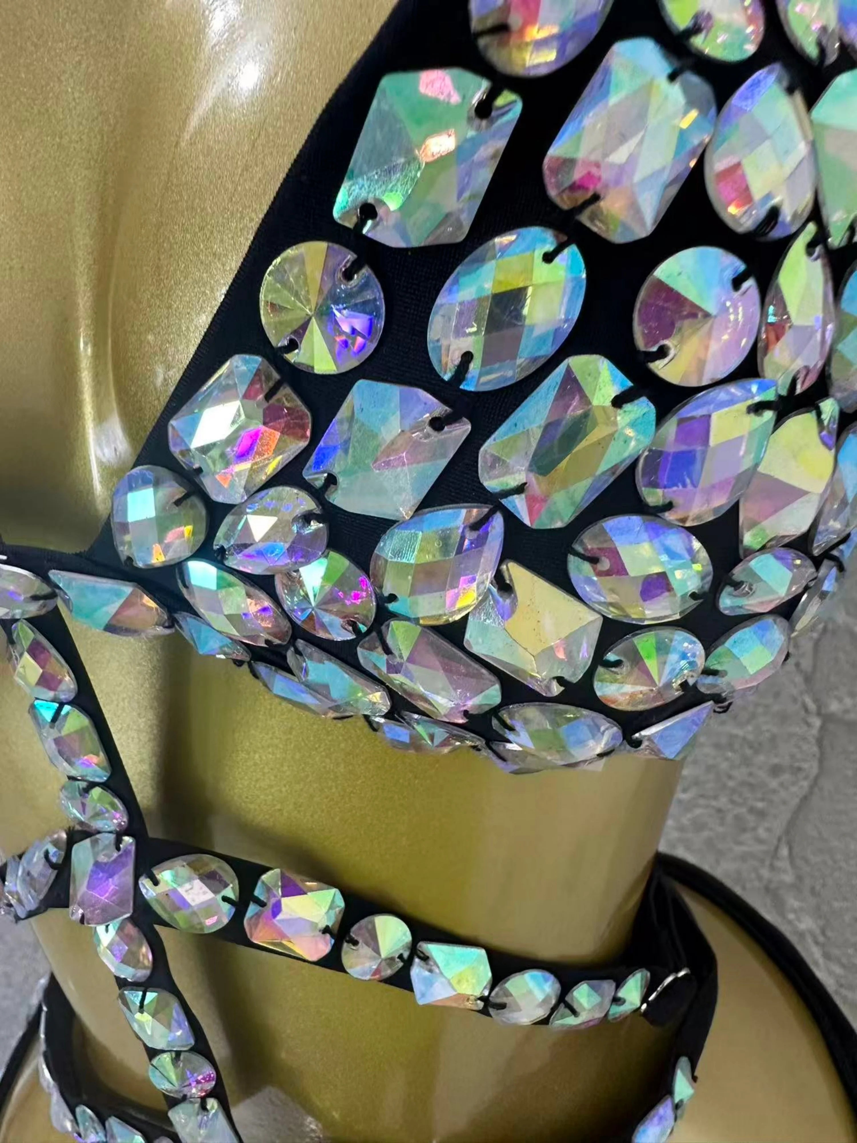 2026 Luxurious Black Bodysuit Women Sexy Halter Neck Iridescent Crystal Embellished Cutout Outfit Stage Performance Costume