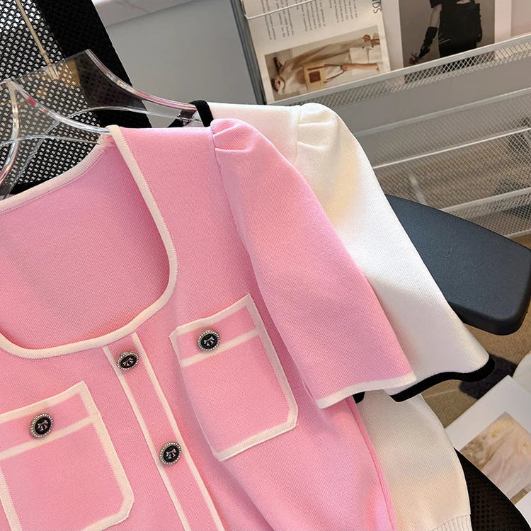 Summer Sweater Women's Knit T-shirt Casual Short Sleeve Woman Clothes Versatile Square Collar Lady Pullover Knitwear Tops Jumper