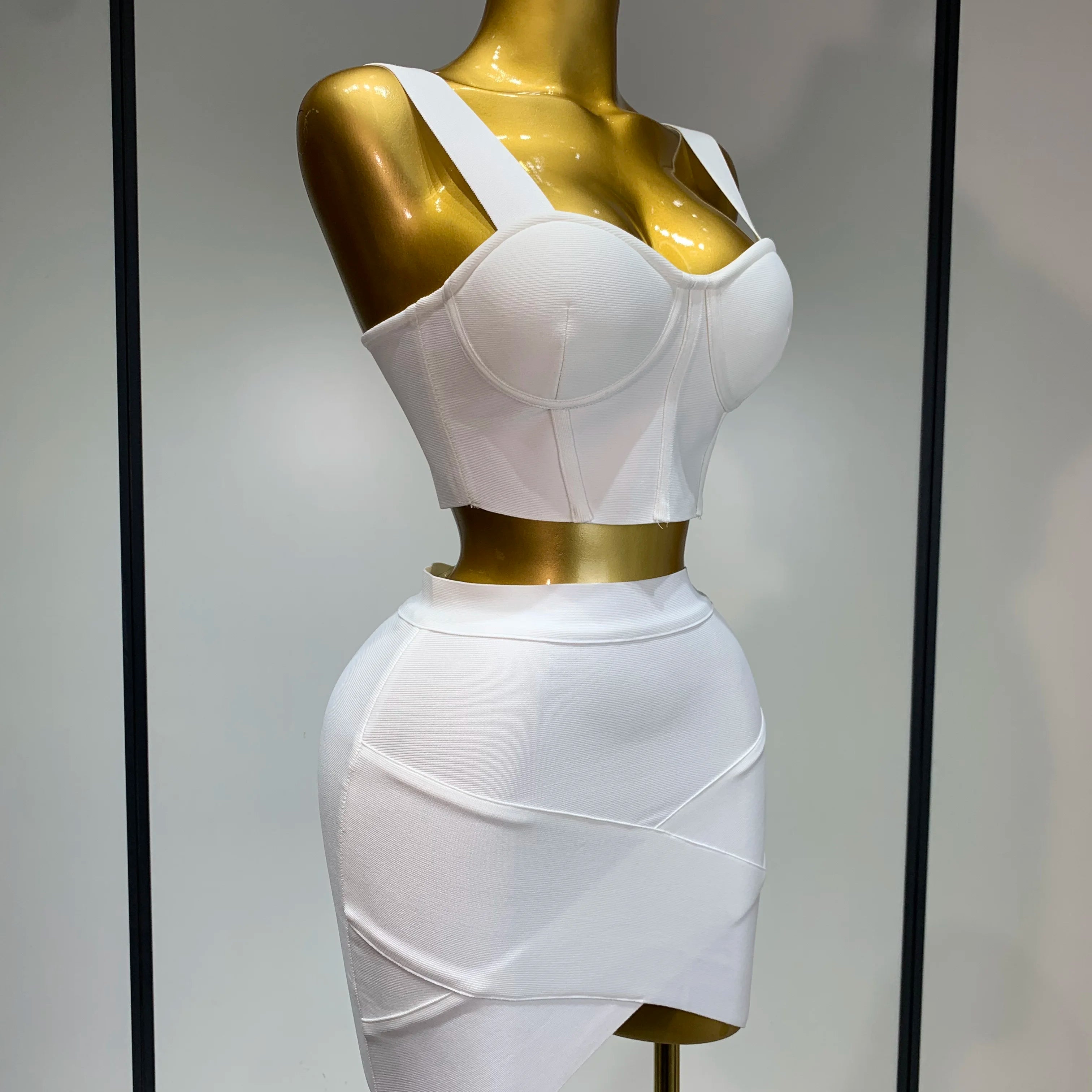 Women Sexy Top Short Skirt Bodycon Bandage Two Pieces Sets White Black 2025 Evening Party Luxury Birthday Outfit Nightclub Suits