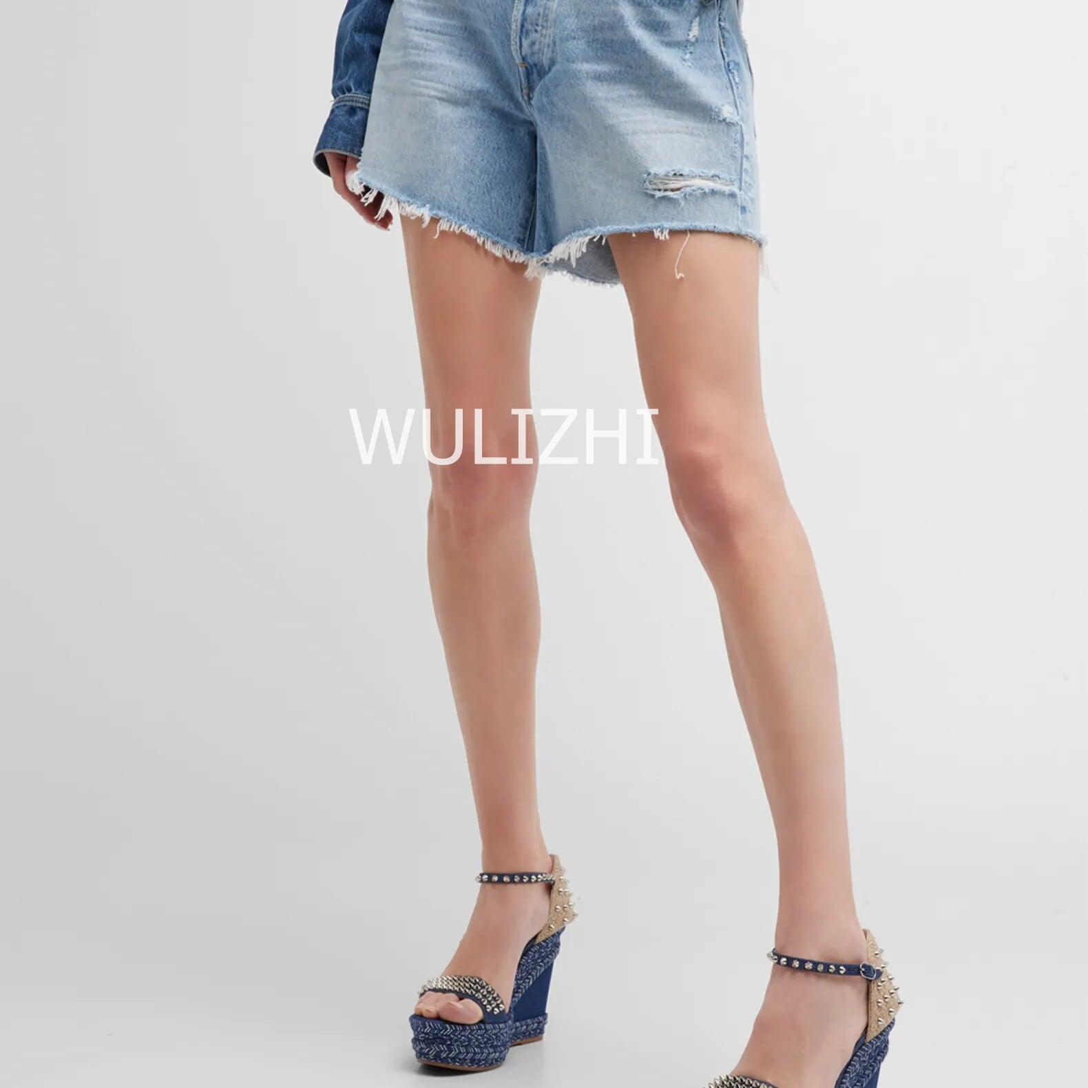 Women&#39;s Dark Black Blue Denim High Wedge Espadarille Metal Stud Heel Sandals Low Platform Mixed Colors Patchwork Appliques Shoes