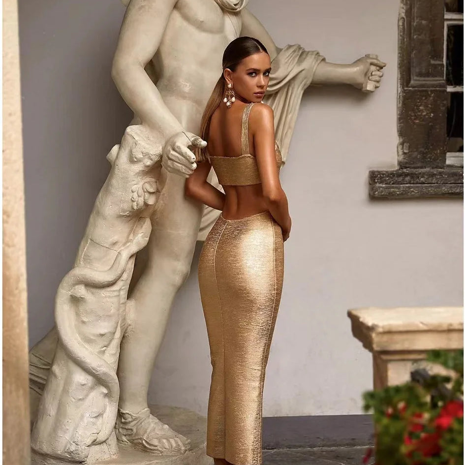 Celebrity 2024 New Foiling Gold Silver Print Rayon Bandage Dress Elegant Evening Party Dress Vestidos