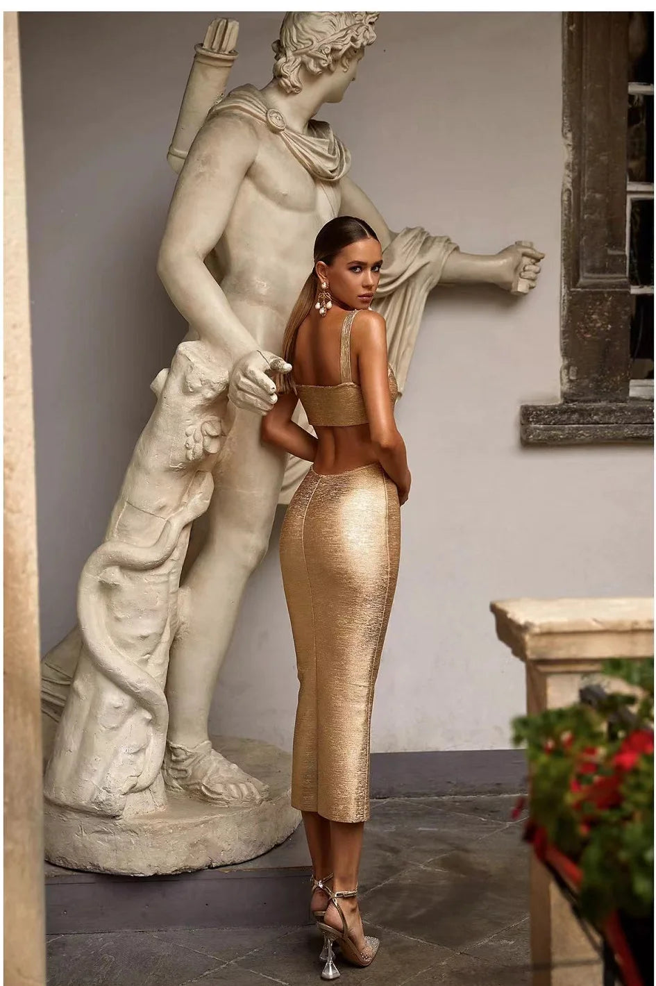 Celebrity 2024 New Foiling Gold Silver Print Rayon Bandage Dress Elegant Evening Party Dress Vestidos