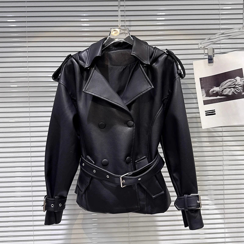 Winter New Fashionable Street Style Double-Breasted Belted Waist PU Leather Hooded Jacket For Women Coat 11A07952 Black