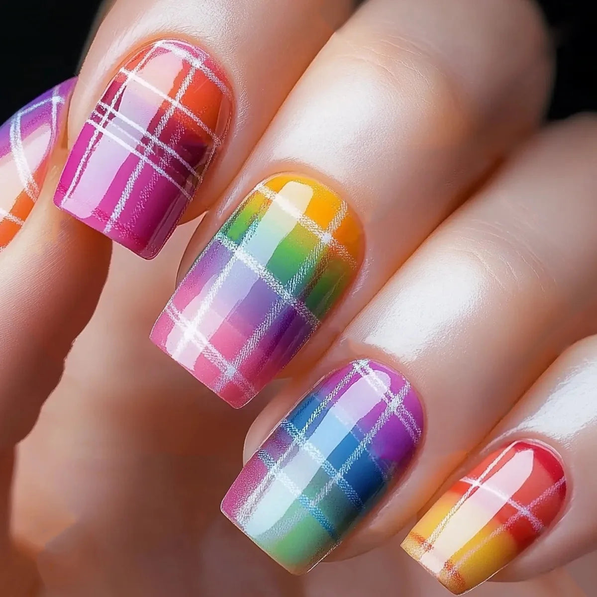 24pcs/set Medium long fake nails for women girls Y2K gradient purple blue yellow green square almond tips press on false nails 2608
