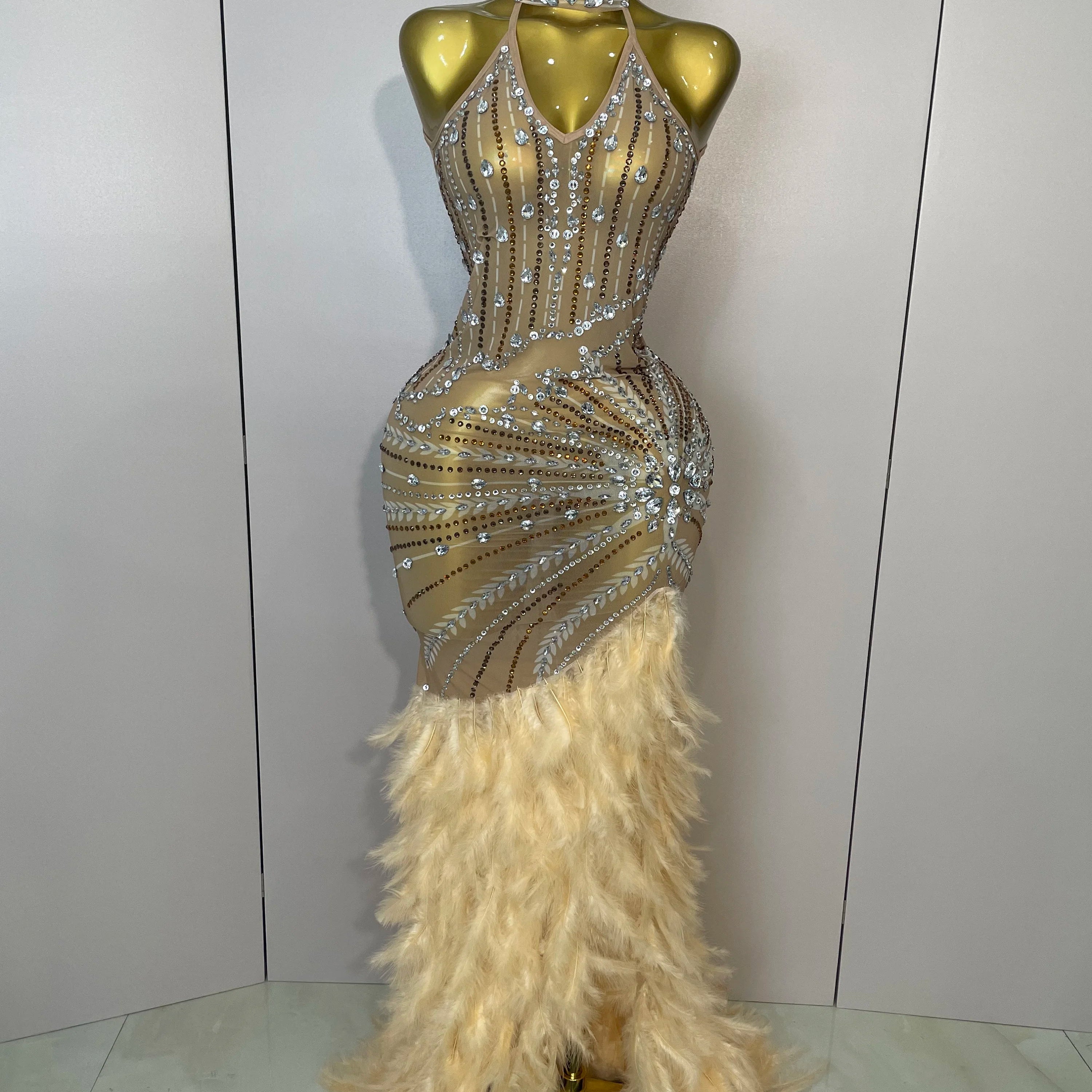 Sparkly Sexy Crystal Floor-Length Feathers Maxi Dress 2025 Elegant Evening Party Birthday Performance Prom Dance Stage Costume Dark Brown