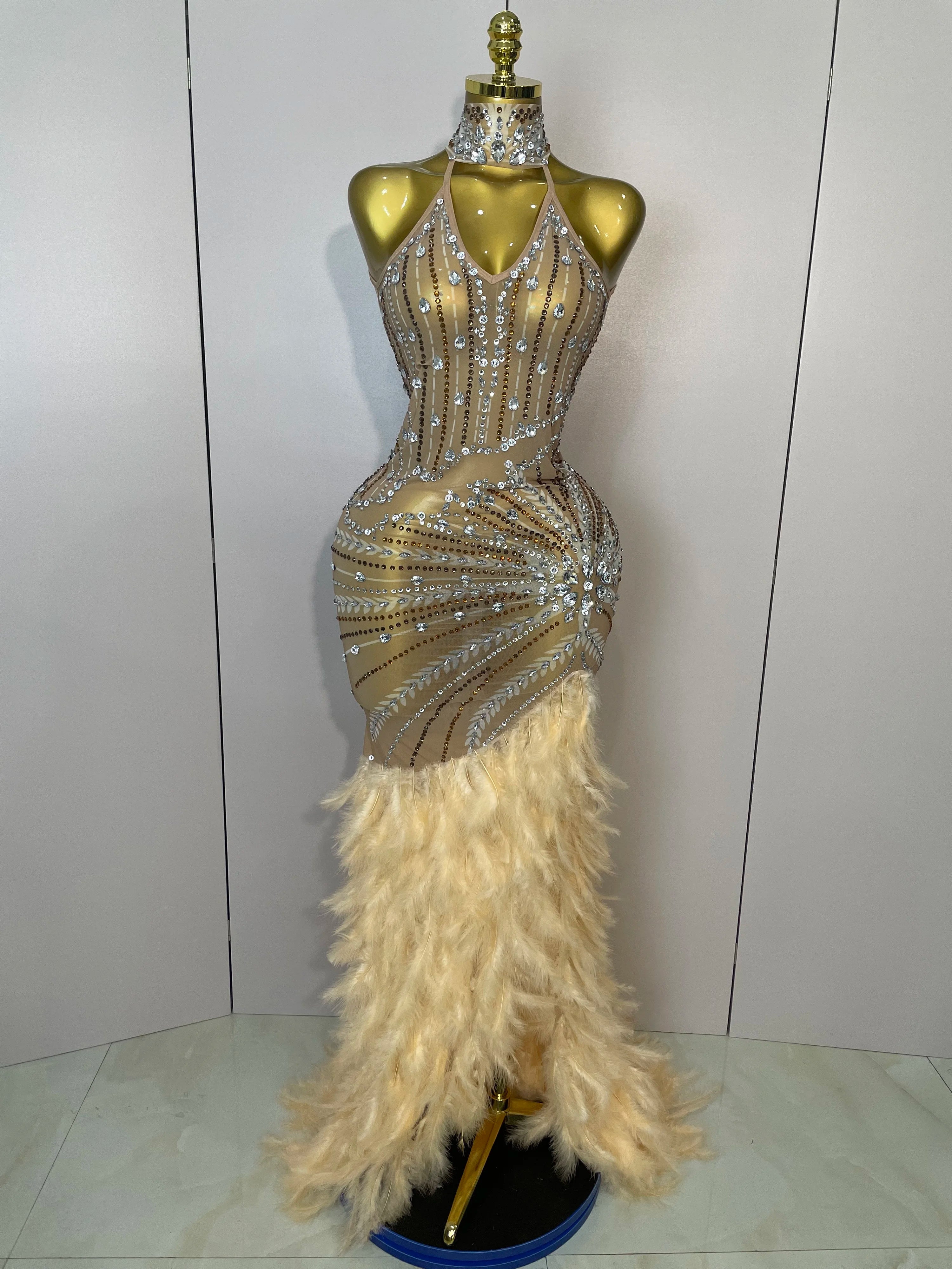 Sparkly Sexy Crystal Floor-Length Feathers Maxi Dress 2025 Elegant Evening Party Birthday Performance Prom Dance Stage Costume Dark Brown