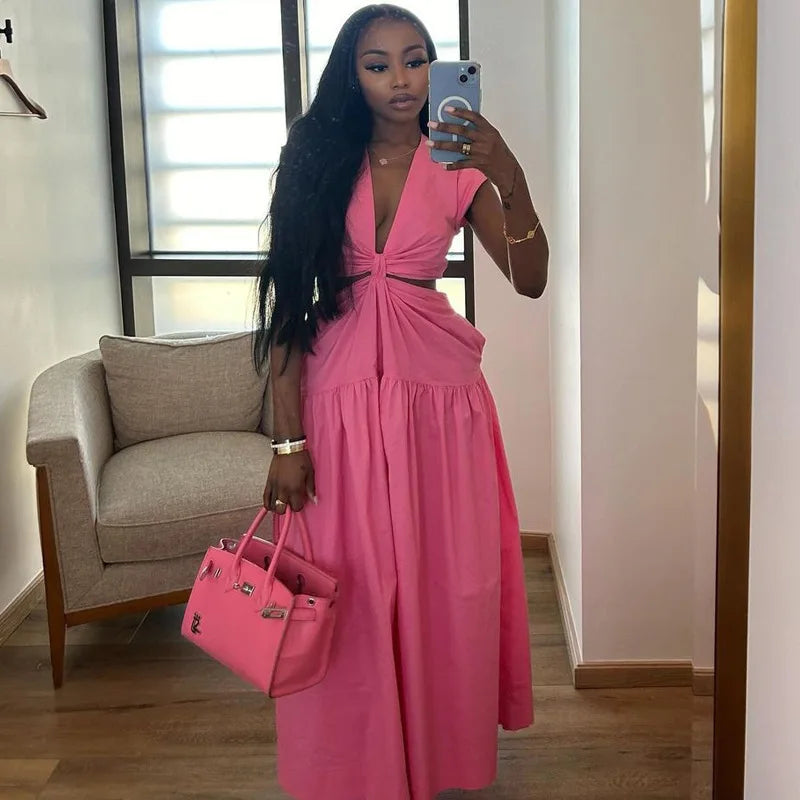 CM.YAYA Women Short Sleeve Tie Up Open Waist Deep V-neck Maxi Long Dress 2025 Summer Sexy Club Party Even Beach Vestidos Dresses