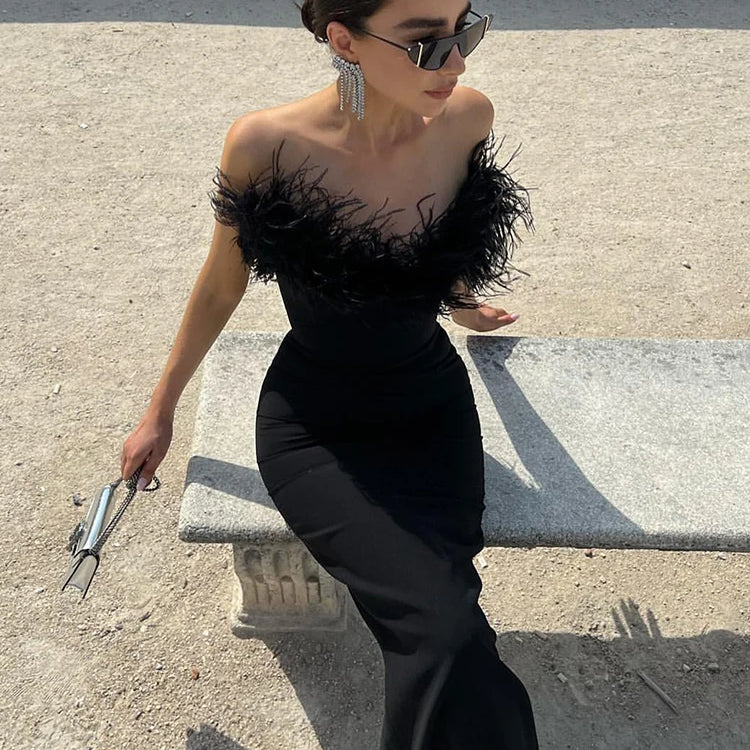 Woman Strapless Feather Design Dress For Party Chic Bodycon Bandage Black Long Dress Vestido