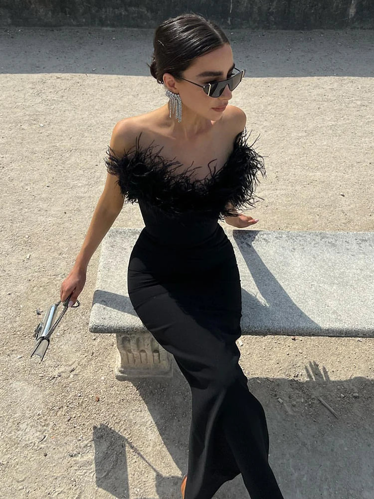 Woman Strapless Feather Design Dress For Party Chic Bodycon Bandage Black Long Dress Vestido