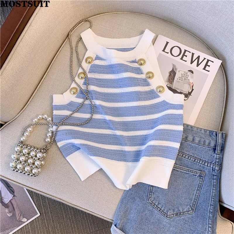 Halter Slim Striped Knitted Vests Women Crop Tops Summer Sleeveless Gold Buttons Knitwear Sexy Elegant Streetwear Vests